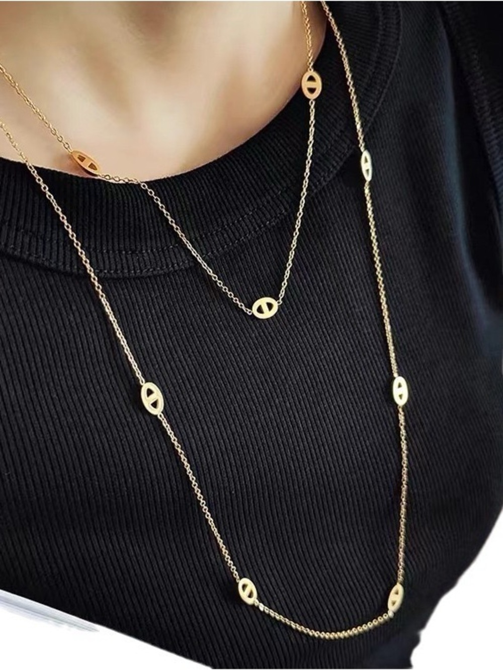 Stainless Steel Elegant Gold Layered Oval-Link Necklace - Women Jewelry